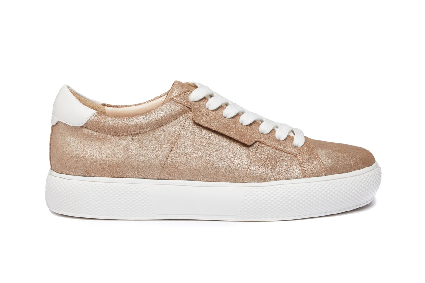 Women's low top trainer in bronze gold leather with white laces and trims