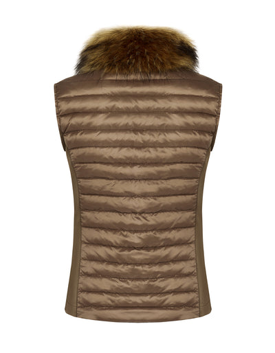 Back view of a women's puffer gilet in a khaki, bronze colour. The gilet has a detachable faux fur collar and stretch sides. 