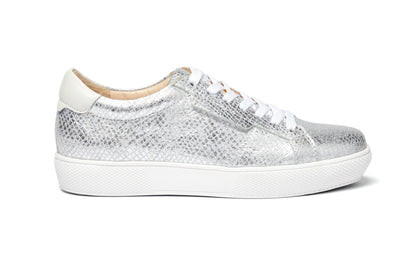 Side view of a women's leather trainer in textured silver metallic finish with white trims and laces