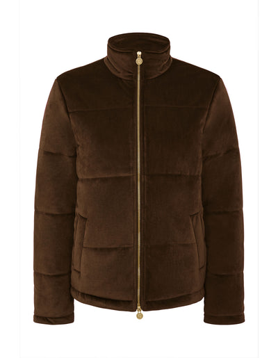 Women's winter padded down jacket in brown velvet