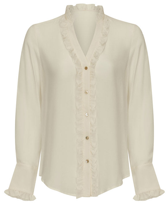 Women's cream shirt in pure silk with ruffle details to the front and sleeves.