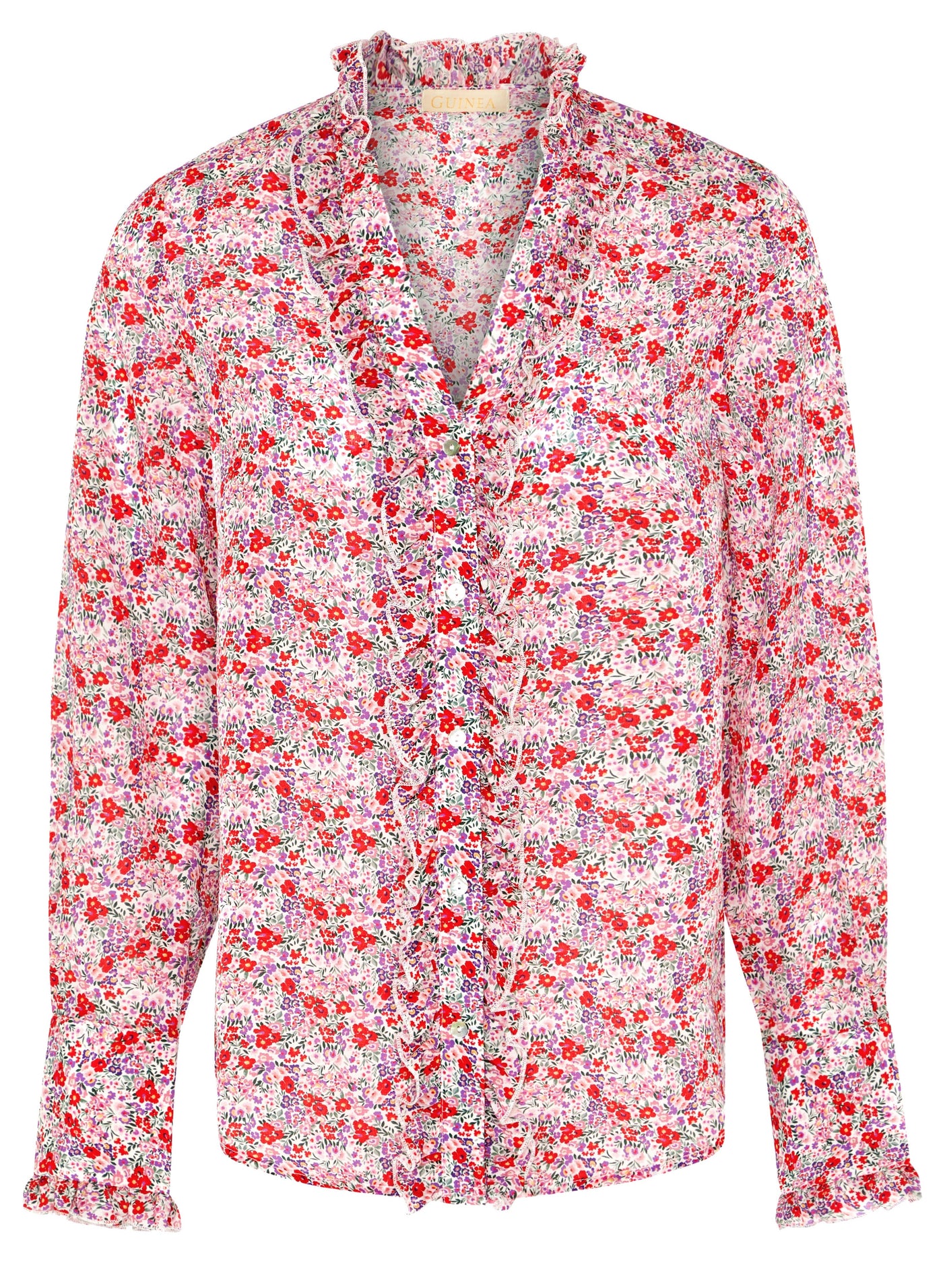Women's floral print silk shirt in red, pink and purple