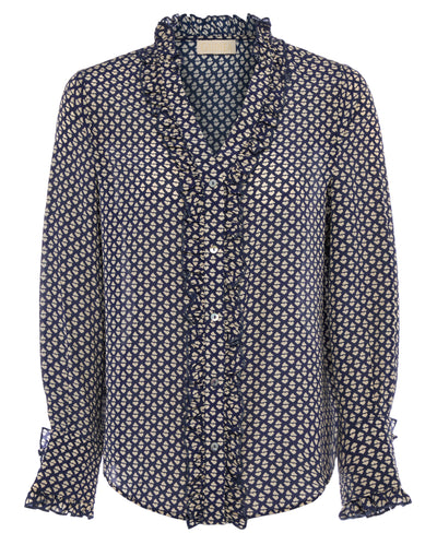 Women's navy silk shirt with vintage white heart print and ruffle front