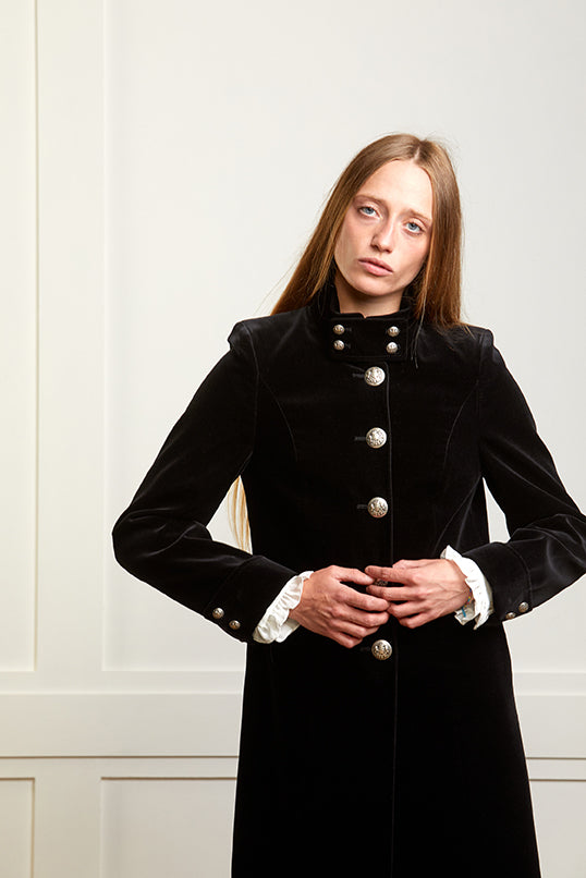 Womens navy velvet boho coat with high collar, silver buttons and elegant tailoring