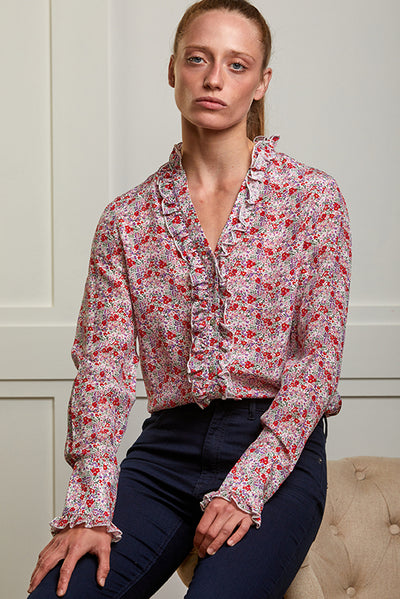 Women's floral print silk shirt in red, pink and purple