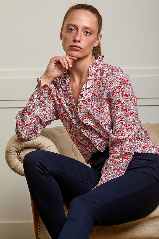 Women's floral print silk shirt in red, pink and purple