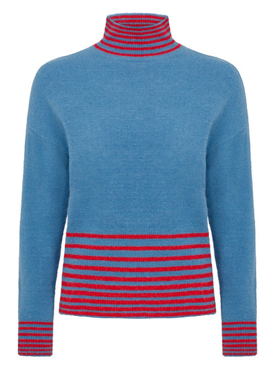 Pale blue jumper with red stripes to the waist and cuffs