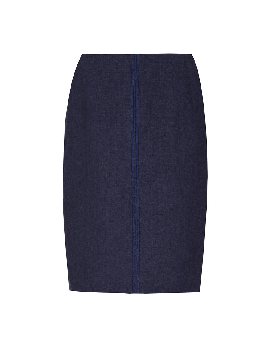 Classic navy linen skirt in a straight cut with braid details to the front and back