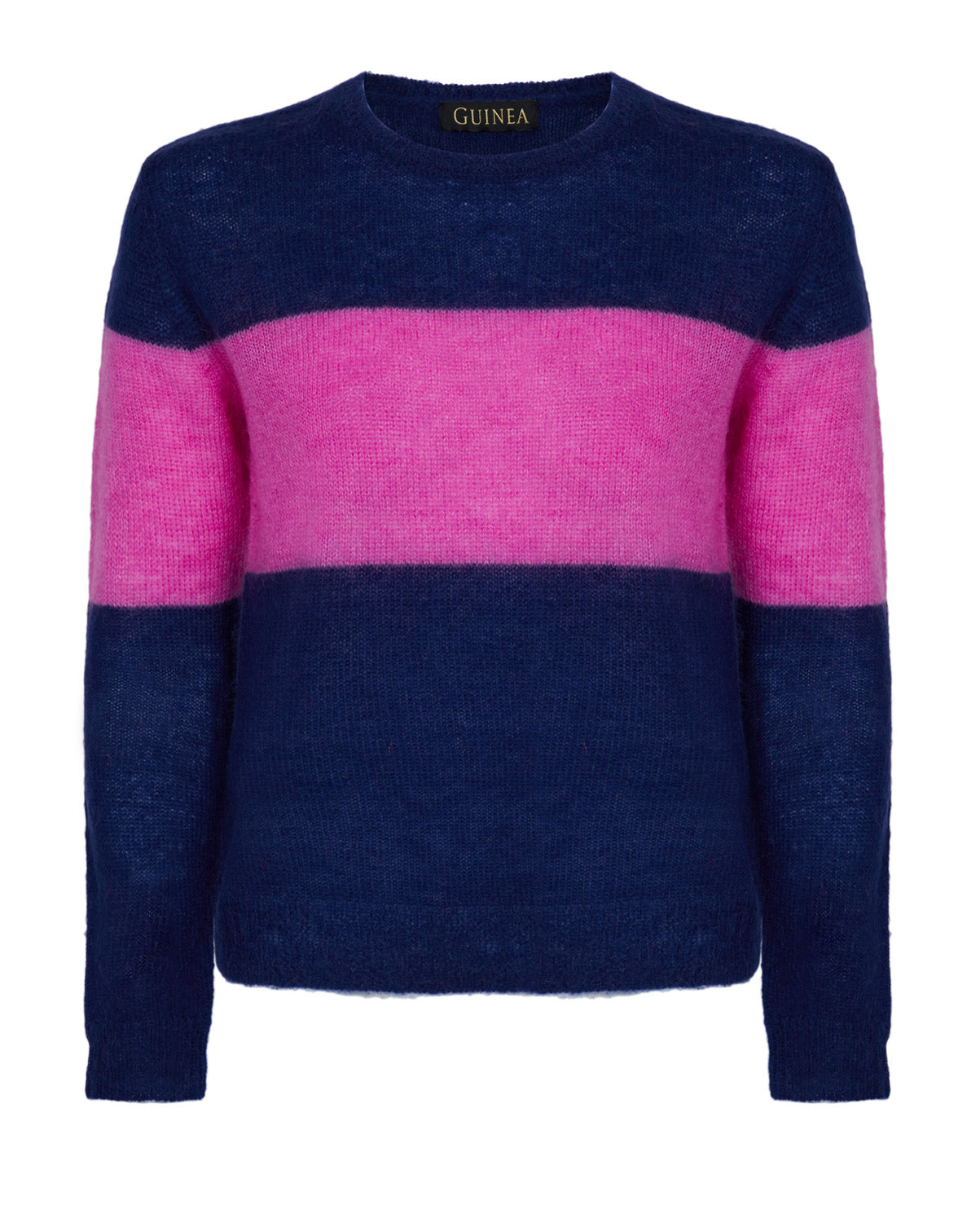 Navy jumper with pink stripe in a wool and mohair blend. It has a relaxed fit and crew neck.