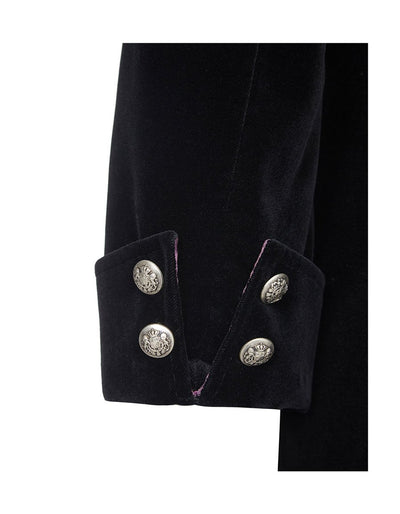 Womens black velvet evening coat, button sleeve detailing 