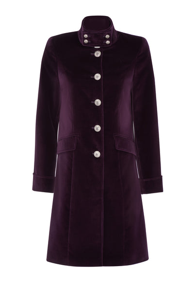 Tailored purple velvet coat with silver military style buttons and classic tailoring