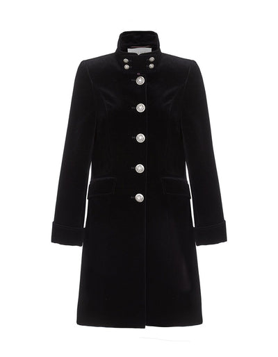 Womens black velvet evening coat with high collar, silver buttons, and elegant tailoring