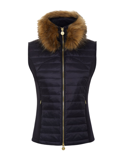 Women's navy puffer gilet with detachable faux fur collar and branded gold zip