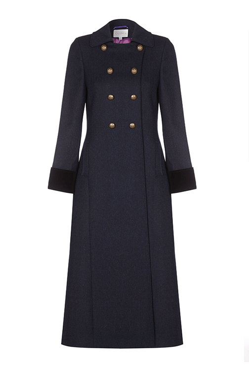 Womens long navy wool coat, tailored with velvet cuff