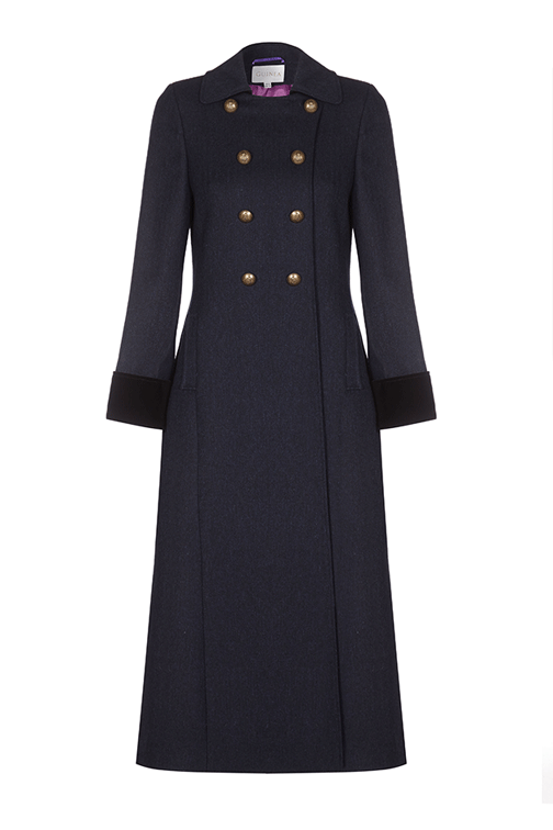 Trench Coat Long Navy Wool Coat With Velvet Cuff