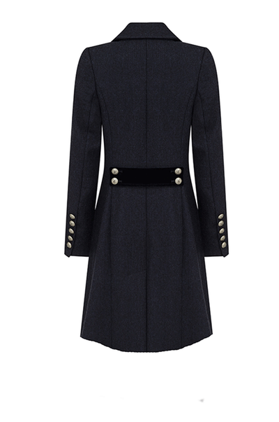 Women's navy wool coat in a double breasted style with silver military style buttons