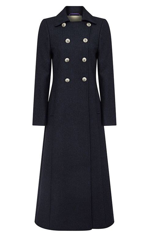 Women's long navy coat in pure wool with double breasted front, longline fit and military styling