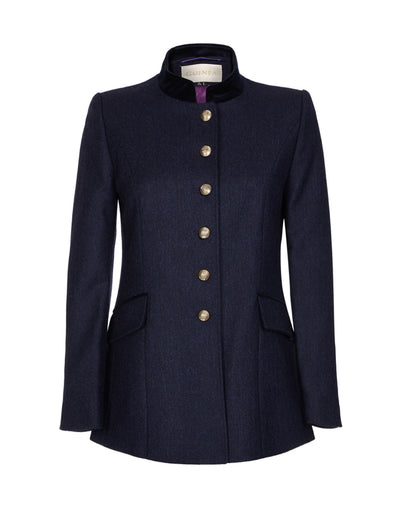 Women's navy wool jacket with military style buttons, in quality British tweed