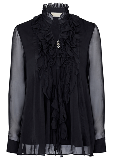 Ellie Ruffle Black Top - Pure Silk With Jersey Lining – GUINEA