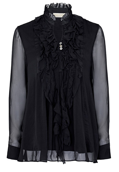 Black silk ruffle blouse sales