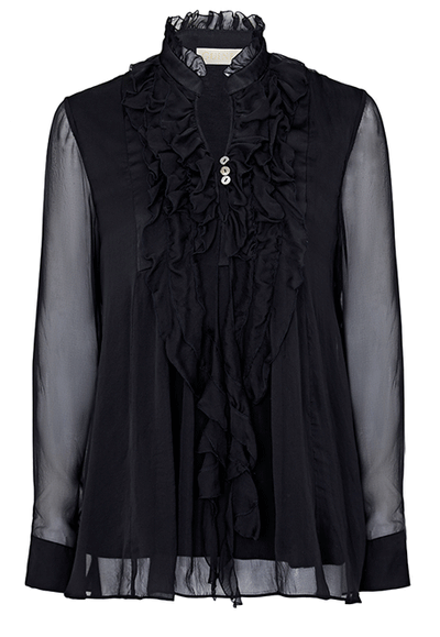 Black silk ruffle blouse with frill collar and button cuffs