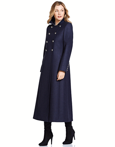 Ladies double breasted longline wool coat in navy blue wool with navy velvet collar