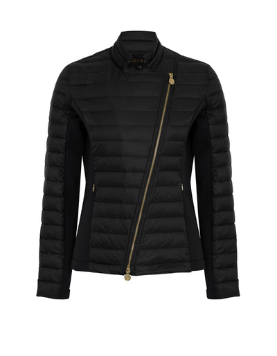 Women's black biker jacket in a puffer style with stretch side panels.