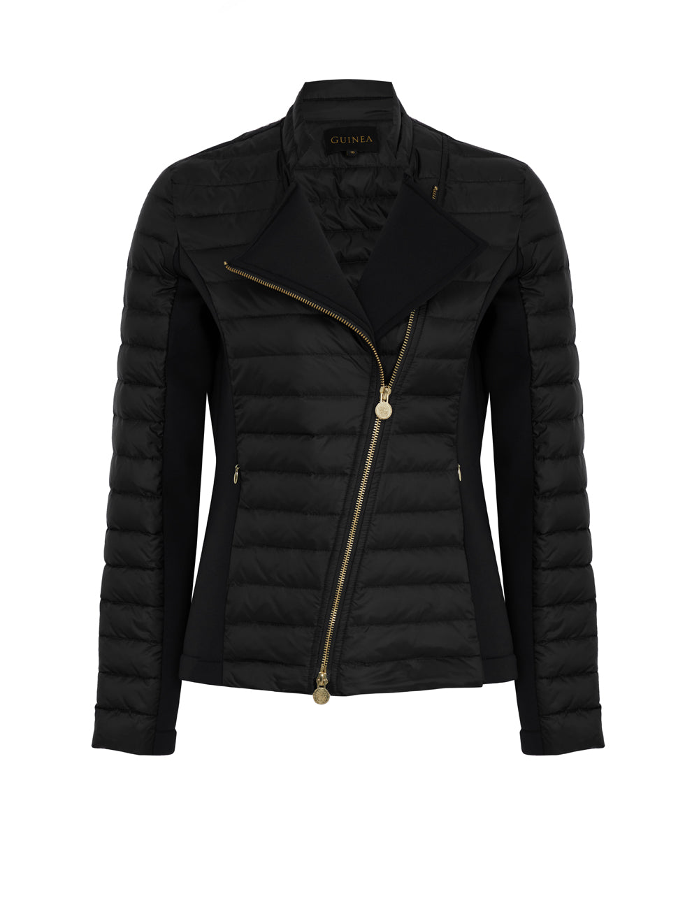 Women's black biker jacket in a puffer style with stretch side panels.