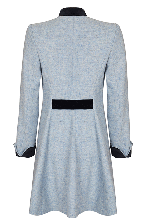 Pale blue ladies coat in pure wool with navy velvet cuff trims