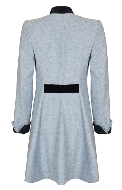 Pale blue ladies coat in pure wool with navy velvet cuff trims