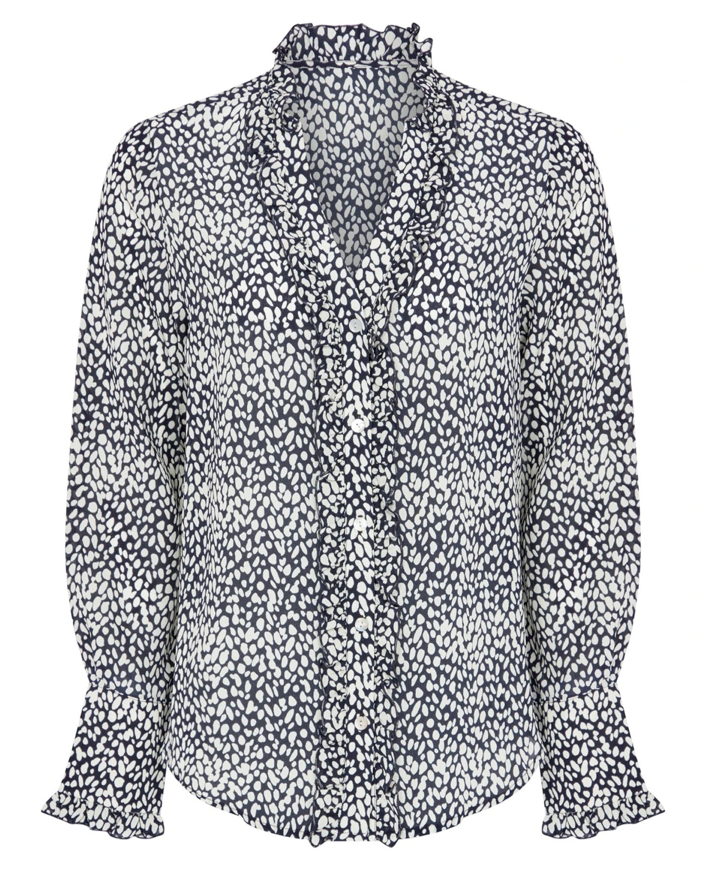 Women's navy print shirt with white abstract pattern in pure silk