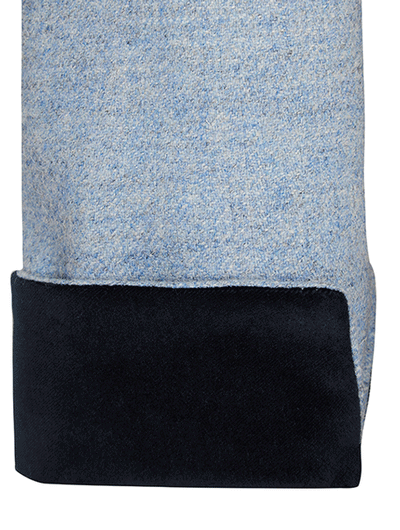 navy velvet cuff of pale blue coat in pure wool 