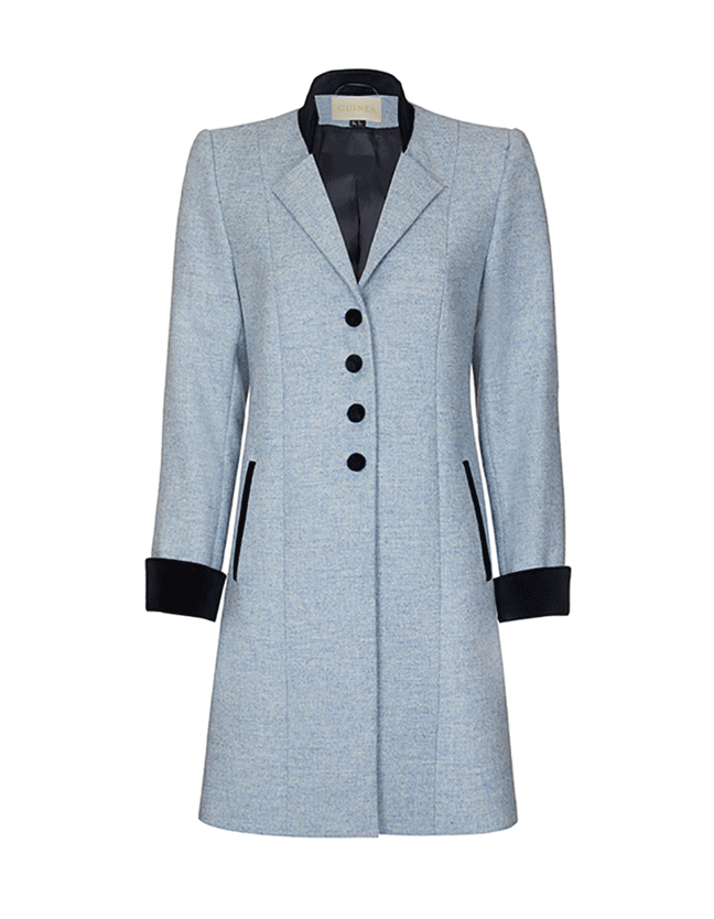 Pale blue wool coat with navy velvet cuff trims